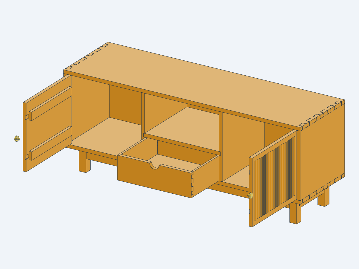 Opened: the battens on the door backs, the dovetailed drawer, the base.