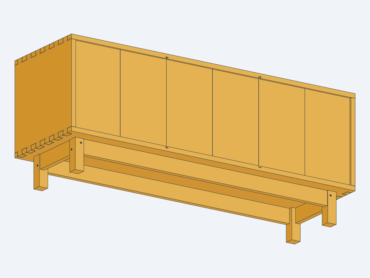 From below and behind: the floating back boards and the pegged base frame.