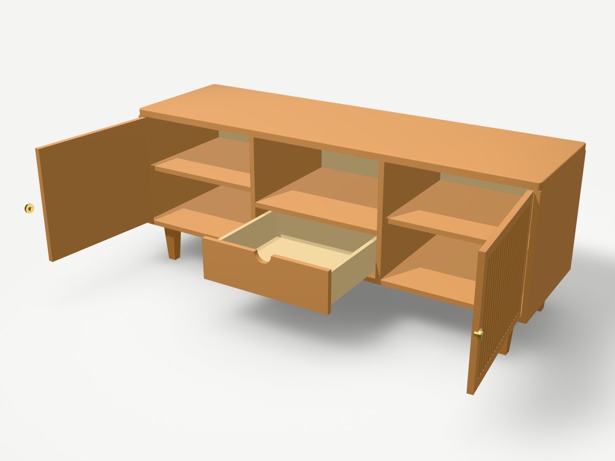 The same model rendered with the doors and drawer open.
