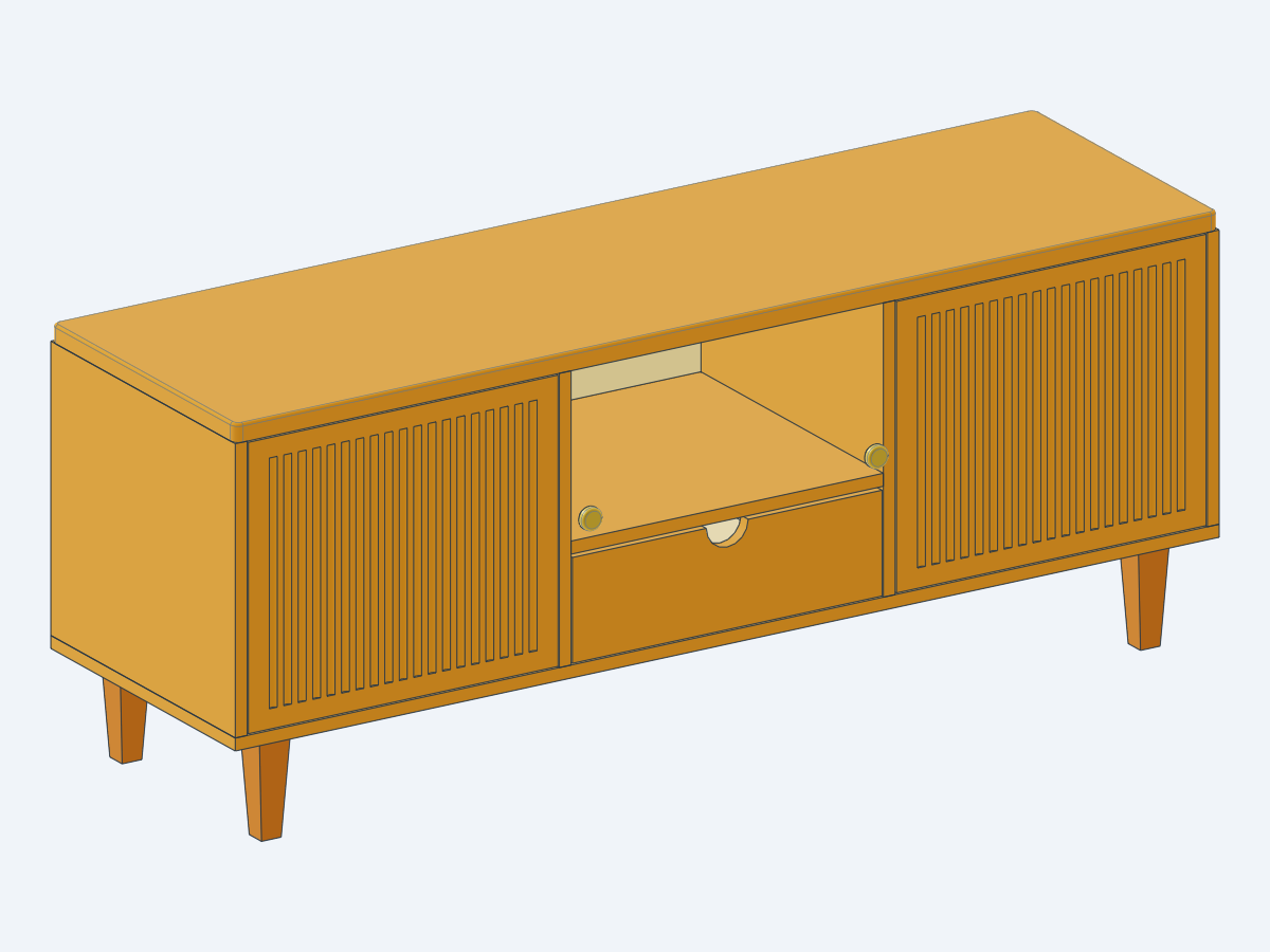 The first version, closed: fluted doors, a niche over a drawer, tapered legs.
